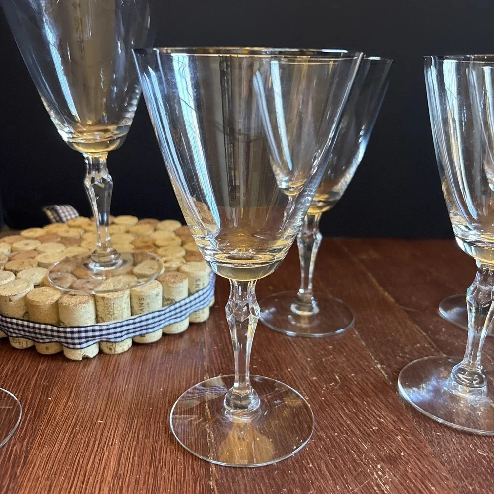 Set of 6 Vintage Fostoria‎ Crystal Water Goblets ENGAGEMENT Platinum Trim